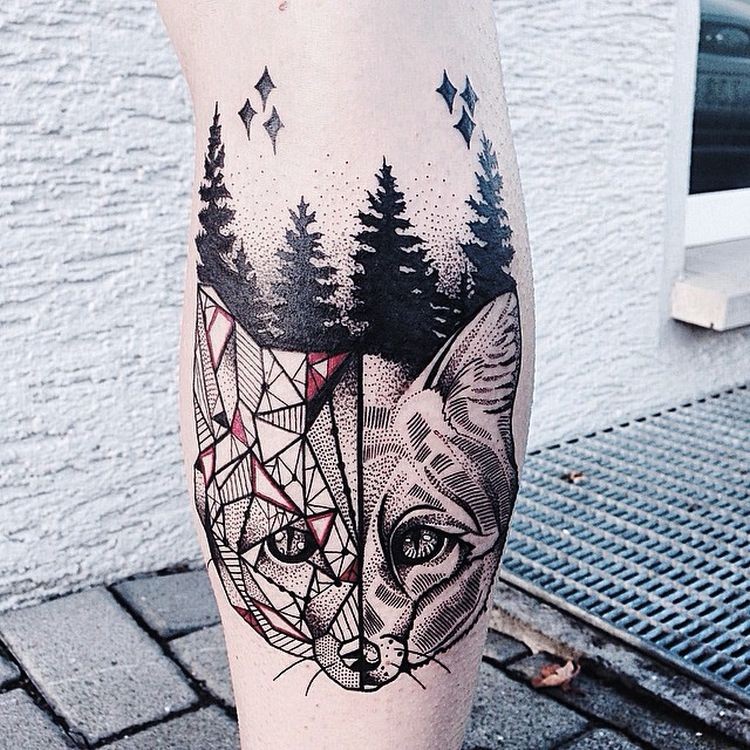 腿部彩色不寻常的狐狸与森林纹身
