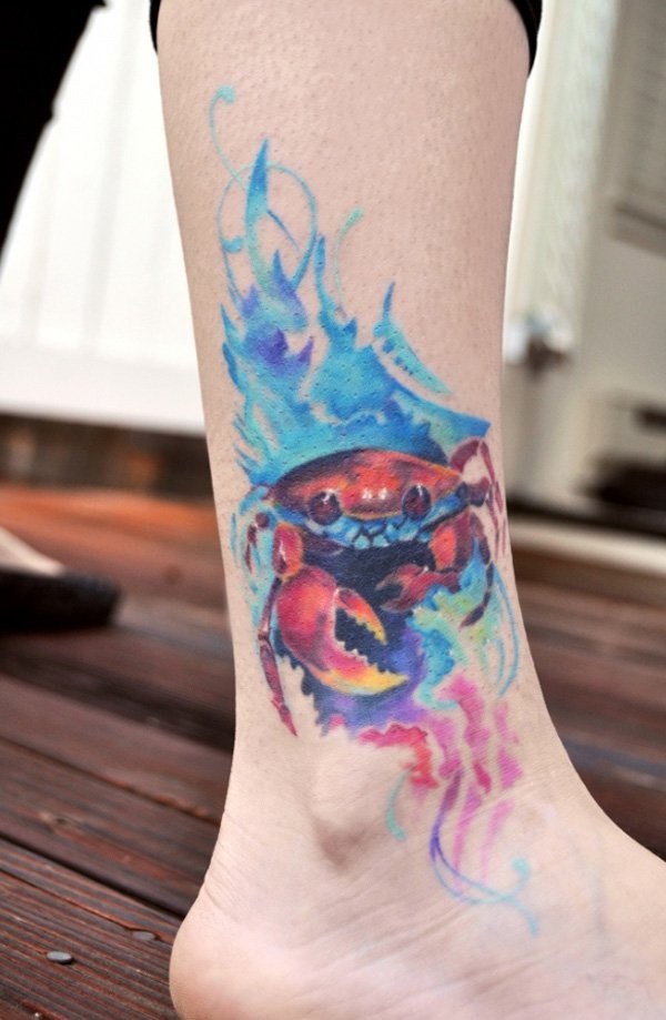 脚踝水彩泼墨螃蟹纹身图案