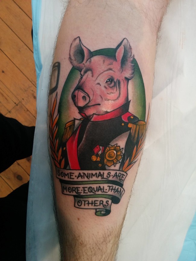 手臂滑稽的彩色猪先生字母纹身图案