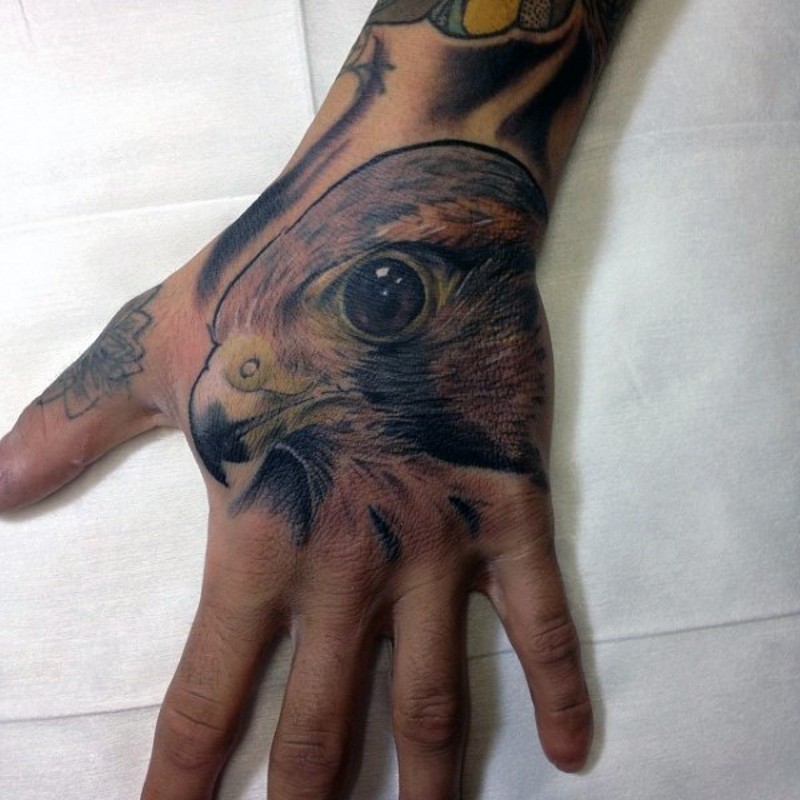 手背彩色自然的鹰头纹身图案