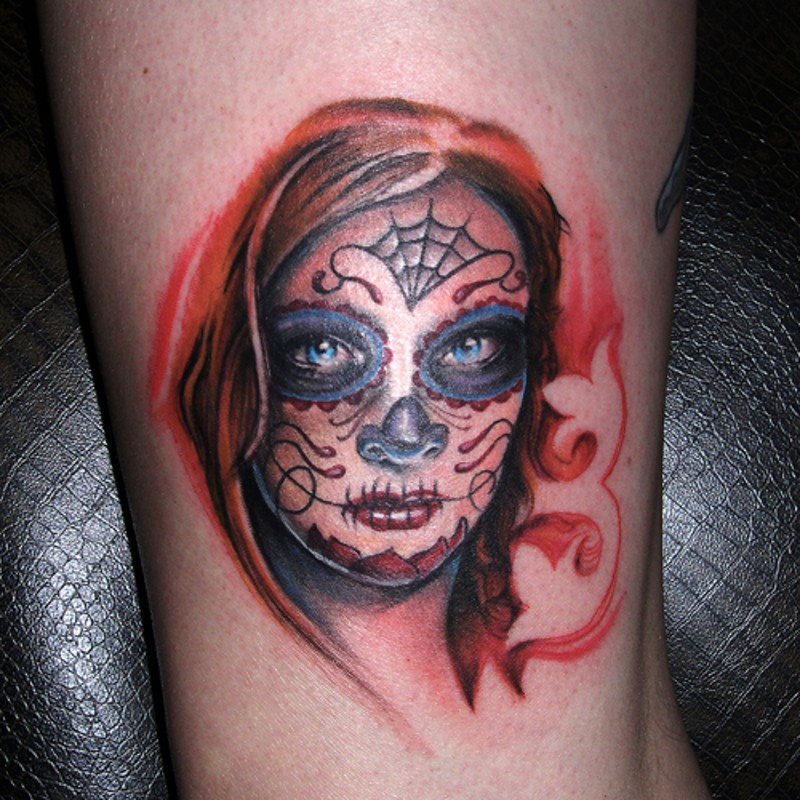 腿部彩色红头发的女孩纹身图案
