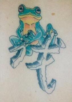 背部彩色青蛙与文字纹身图案