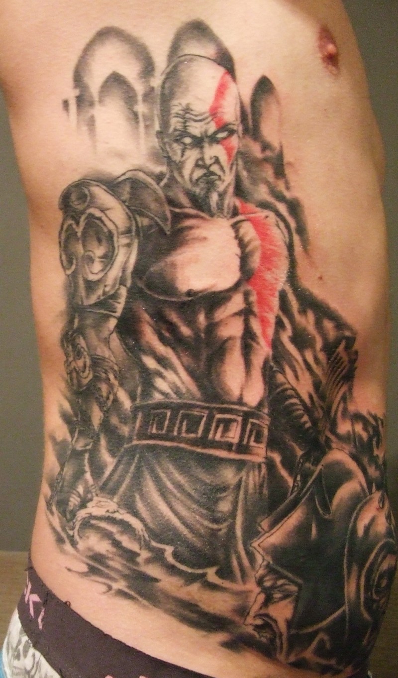 侧肋漫画彩色邪恶的野蛮人战士纹身图案