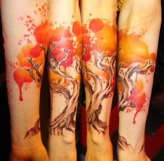 手臂水彩可爱的大树纹身图案