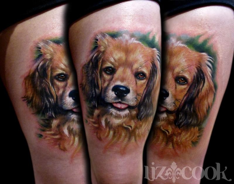 大腿写实风格彩色滑稽狗肖像纹身图案
