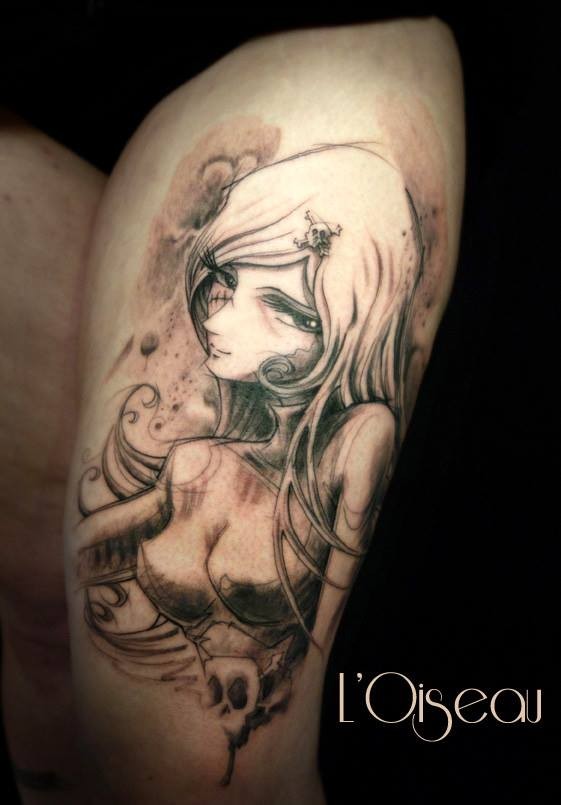 大腿日式彩色漫画女子纹身图案