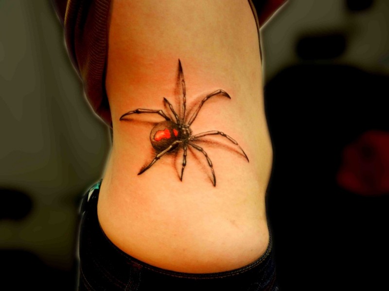 侧肋逼真的红蜘蛛纹身图案