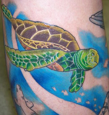 彩绘海底的绿海龟纹身图案