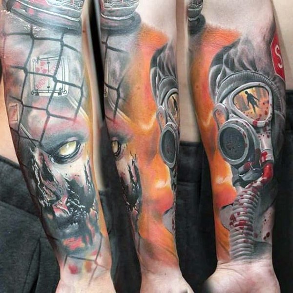 小臂僵尸主题彩色防毒面具纹身图案