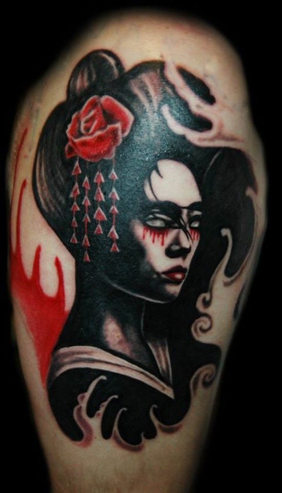 肩部插画风格彩色艺妓女人纹身图案