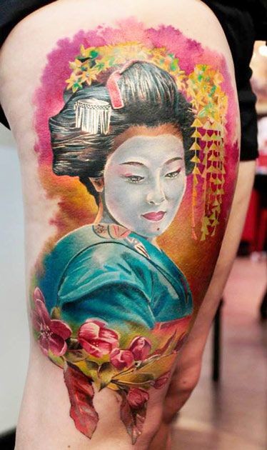 女性腿部日式水彩艺妓纹身图案