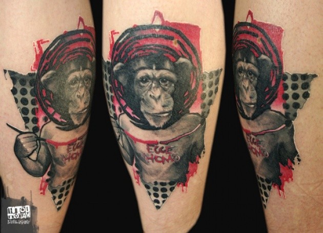 腿部PS图象处理软件风格的彩色滑稽的猴子纹身