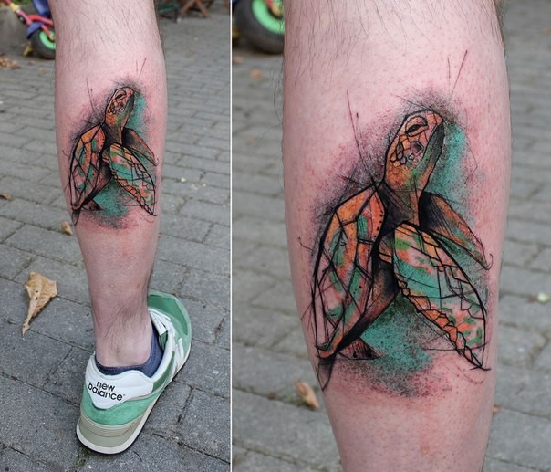 小腿彩绘线条风格乌龟纹身图案