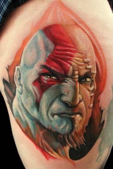非常逼真的彩色邪恶部落男子肖像纹身图案