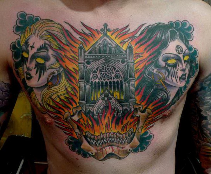 胸部old school彩色恶魔女人和燃烧的大教堂纹身图案