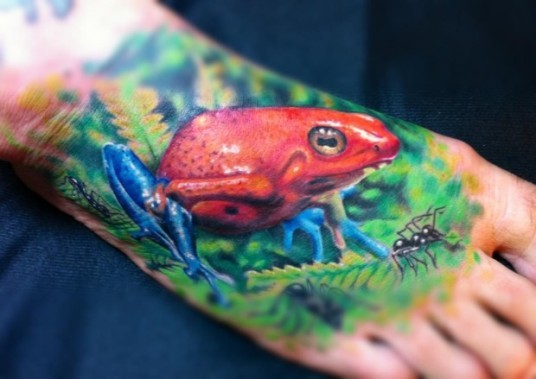 脚部水彩逼真的红蛙纹身图案
