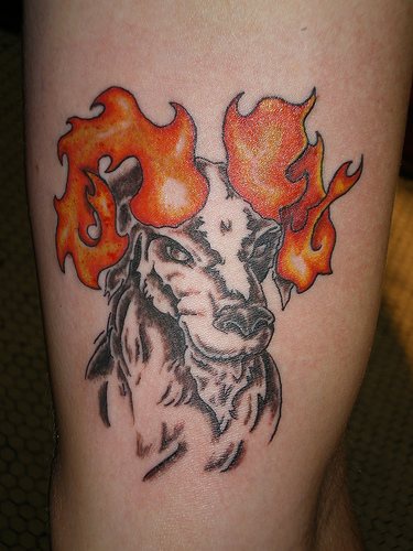 山羊和火焰羊角纹身图案