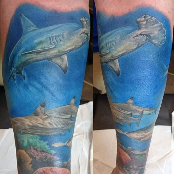 手臂现实主义风格彩色水下鲨鱼纹身图案