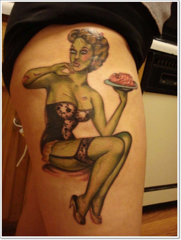 腿部彩色女孩僵尸纹身图案