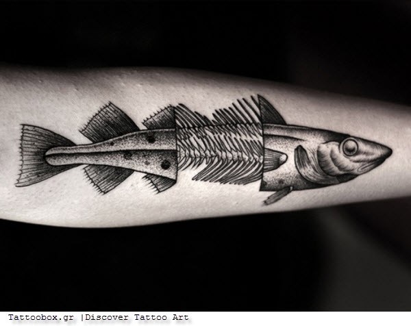 手臂灰色骨骼元素鱼纹身图案