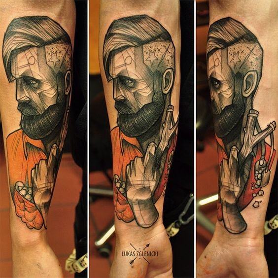 手臂超现实主义风格的彩色男人纹身图案