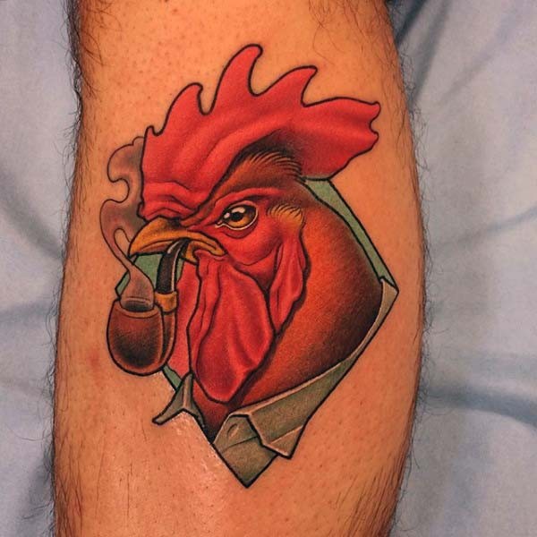 抽烟的公鸡彩色纹身图案