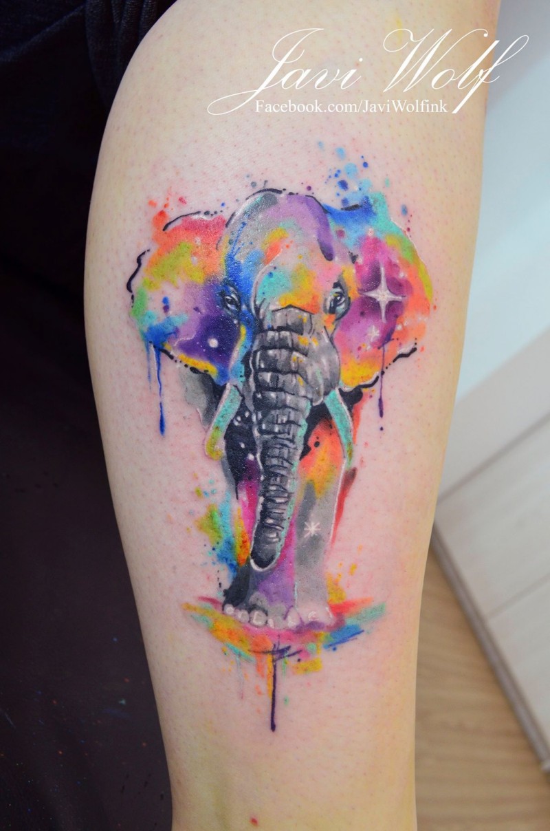 好看的大象泼墨水彩风格纹身图案