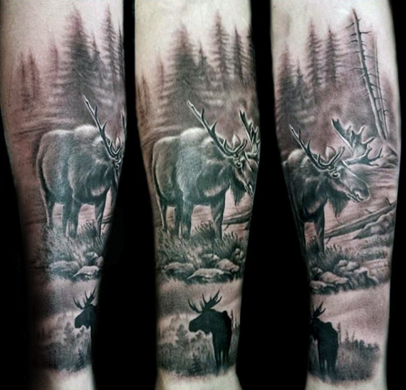 手臂野生自然主题的大麋鹿纹身图案