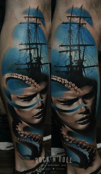 小腿帆船女人肖像和章鱼纹身图案
