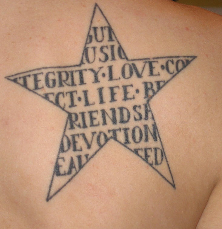 肩部五角星与英文字母纹身图案