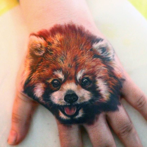 手背现实主义风格浣熊肖像纹身图案