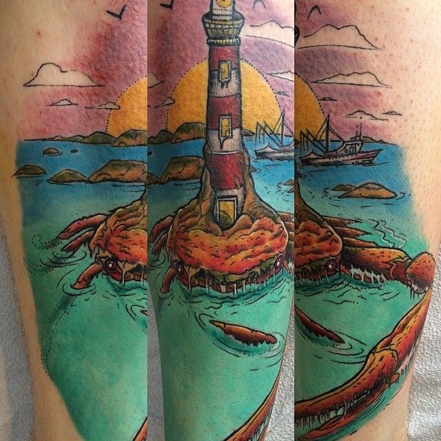 彩色卡通灯塔和螃蟹纹身图案