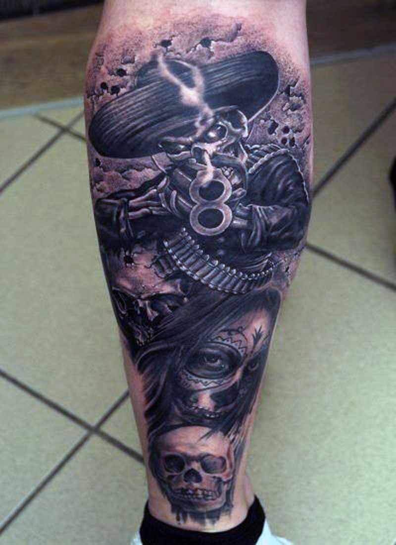 小腿墨西哥风骷髅士兵纹身图案