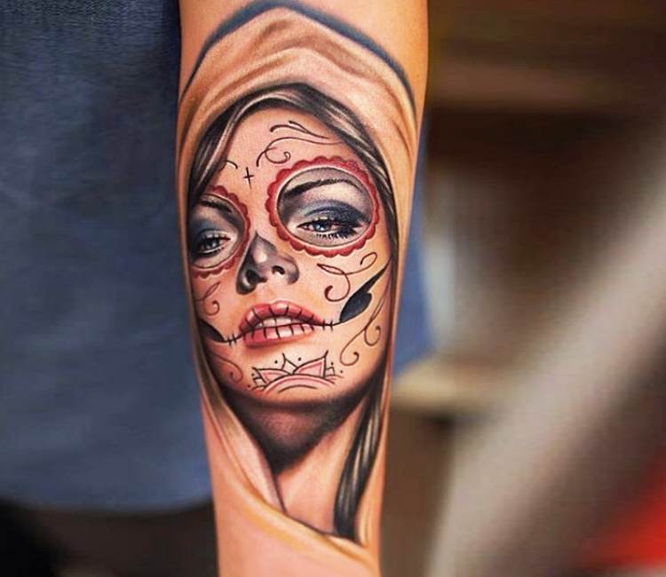 墨西哥传统女生脸谱彩色纹身图案