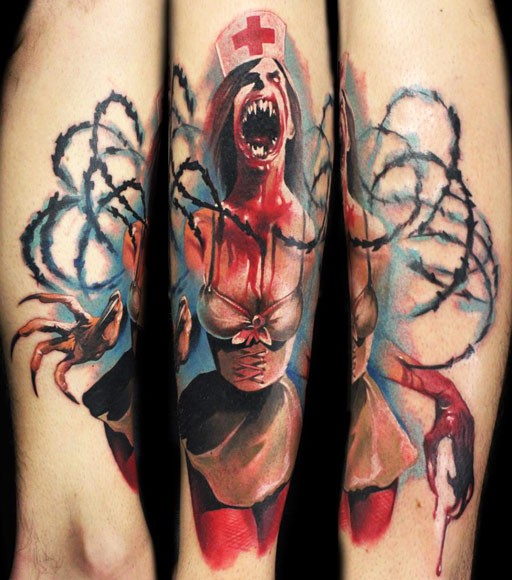 恐怖风格吸血鬼护士 纹身图案