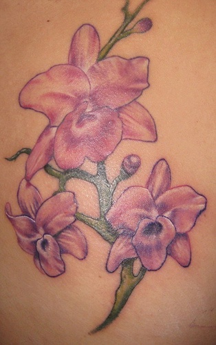 女性背部淡粉色兰花纹身图案