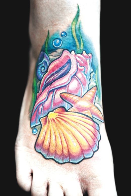 可爱的小贝壳海底世界脚背纹身图案