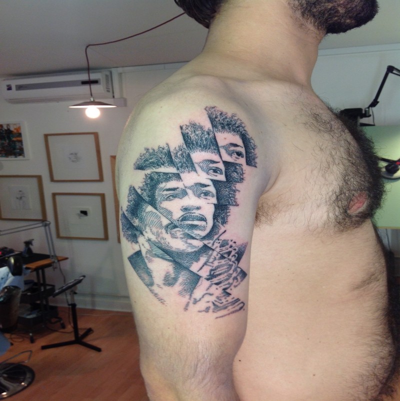 歌手Jimmy Hendrix肖像彩色纹身图案