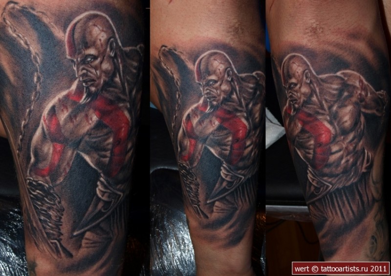 手臂彩色逼真的血腥野蛮人物纹身图案