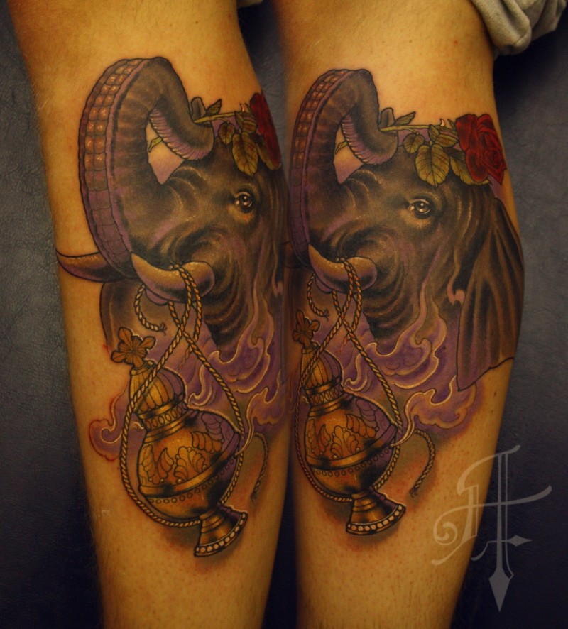 小腿彩色大象与灯玫瑰纹身图案