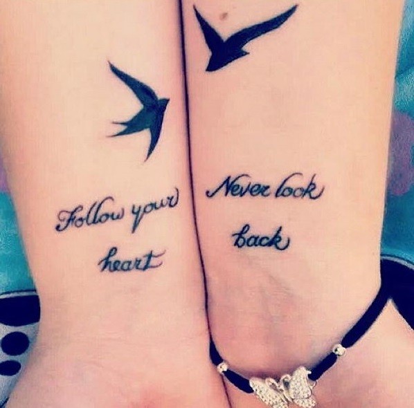 手腕友谊之鸟与字母纹身图案