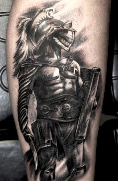 腿部棕色现实主义风格的角斗士纹身