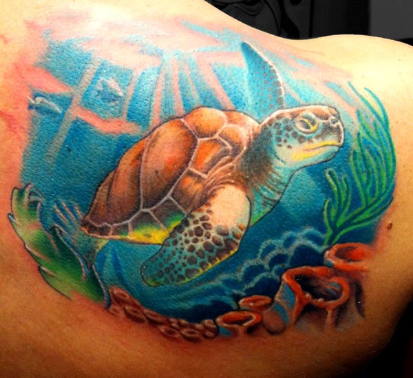 可爱的彩色乌龟和海底纹身图案