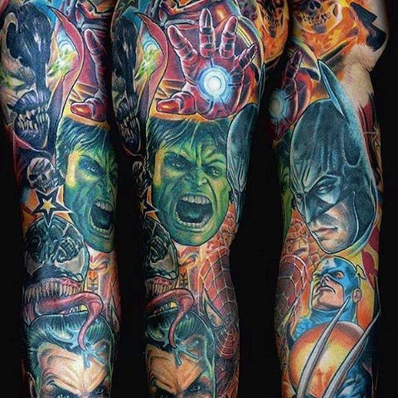 手臂华丽的各种超级英雄人物纹身图案