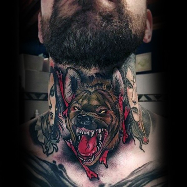 脖子彩色邪恶的狗和女人肖像纹身图案
