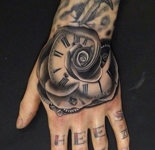 手背灰色半玫瑰半时钟纹身图案