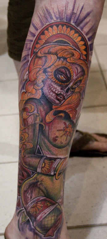 腿部彩色性感僵尸女孩纹身图片