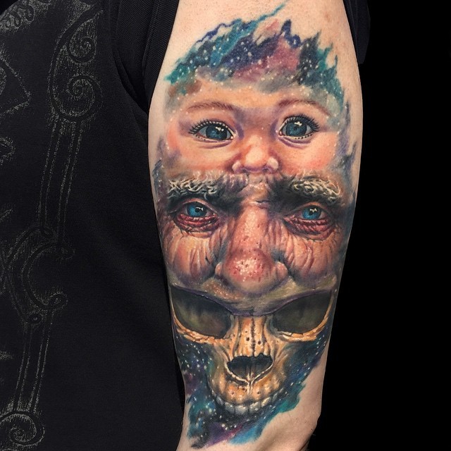 手臂逼真的彩色人体生命周期纹身图案