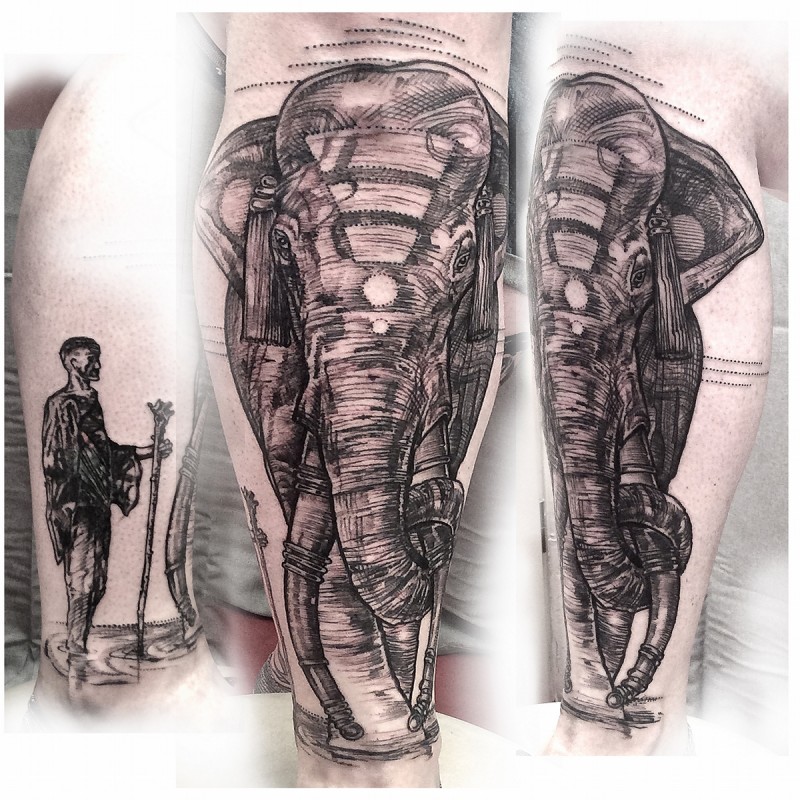 小腿大象线条风格纹身图案