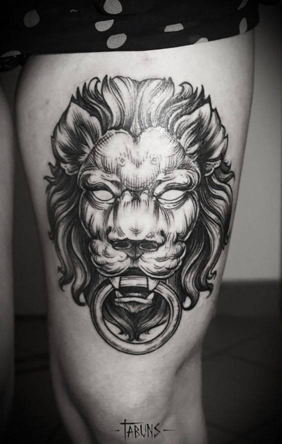 大腿中国风狮形门敲纹身图案
